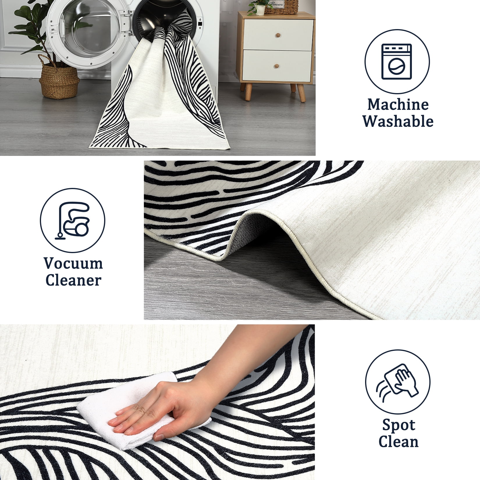 COZONY 10x13 Area Rug, Modern Abstract Washable Faux Wool Carpet with Non Slip TPR Backing, Low Pile Foldable Rug for Living Room Bedroom, Beige Black