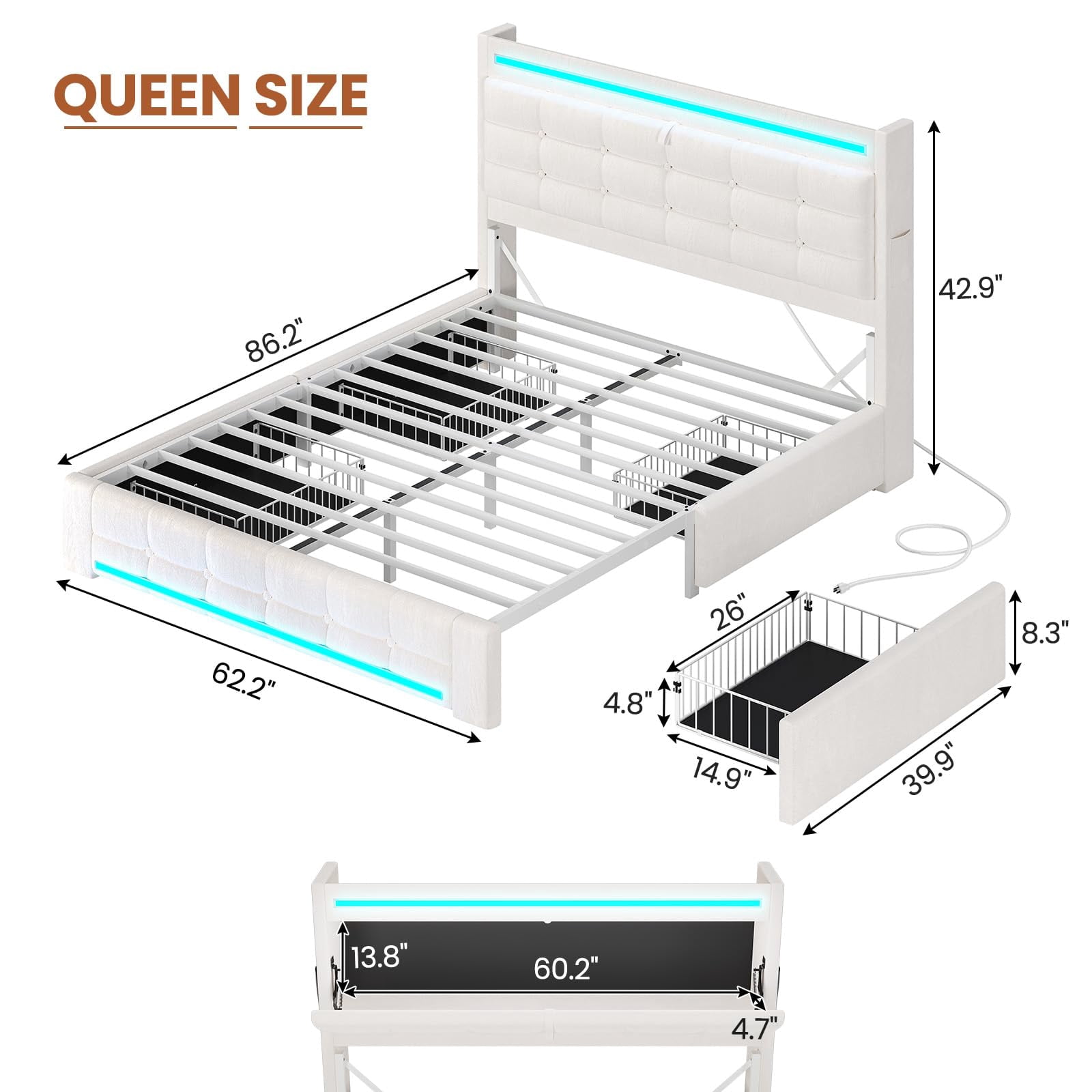 Amuzer Queen Bed Frame with Storage Headboard & 4 Drawers, LED Light,Charging Station, Leather Upholstered Platform Bed Frame with Button Tufted, No Box Spring Needed, White PU