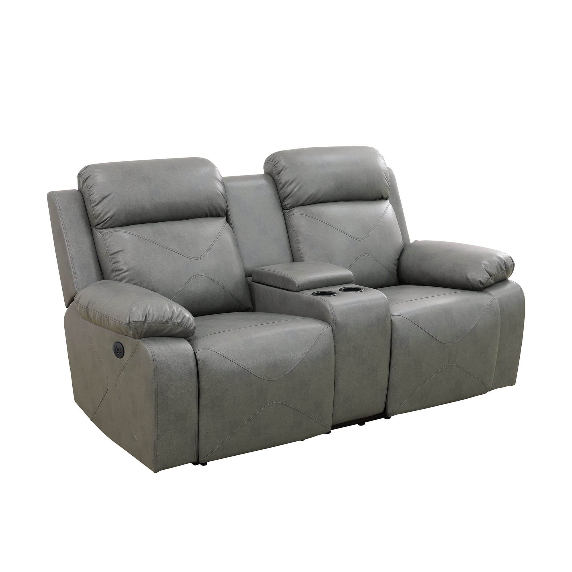 Gewnee Silver Gray Loveseat with Console & Cup Holders,Air Leather & High-Elastic Sponge, Adjustable Recline for Living Room Relaxation