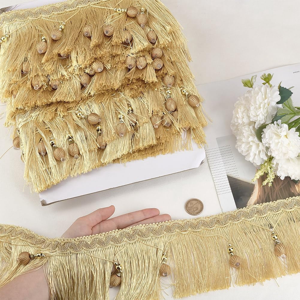 6m/6.6 Yards Hanging Beads Fringe Trim 4.4 Inch Wide Beaded Tassel Lace Gold Bead Fringe Ribbon Hanging Ball Fringe Trim Ribbon for DIY Crafts Clothing Curtain Table Home Decor Gold