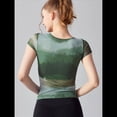 thumbnail image 4 of Blusas Ajustadas de Corta con Frunces y Estampado Floral de Cuello Asimétrico para Mujer Verde L, 4 of 7