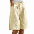 thumbnail image 4 of Sakmal Knee Length Womens Cotton Linen Shorts Bermuda Wide Leg High Waisted Comfy Beige Graphic Ladies Shorts with Pockets, 4 of 5