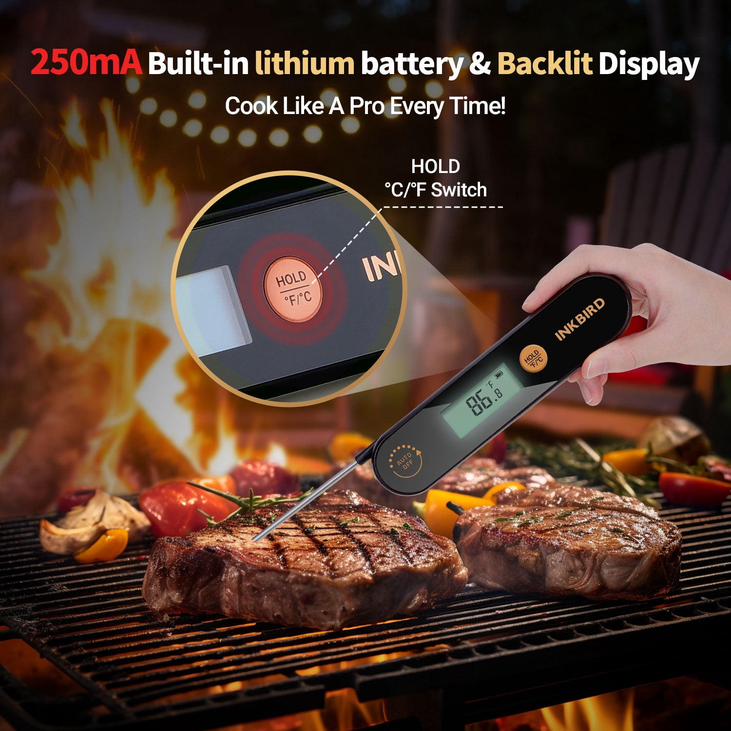 INKBIRD Meat Thermometer with Stainless Steel Probe and LCD Display, Foldable Probe Instant Read Waterproof Digital Food Thermometer , -58°F to 572°F