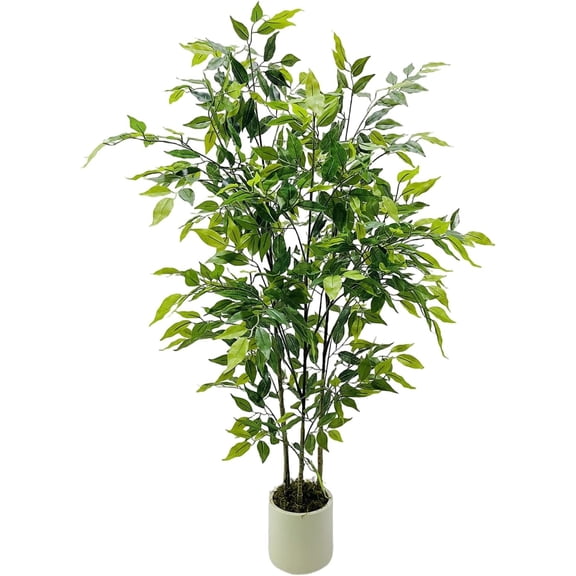 4Ft Artificial Ficus Tree, Silk Fake Leaves with White Ceramic Planter, Indoor Outdoor Potted Faux for Home Office