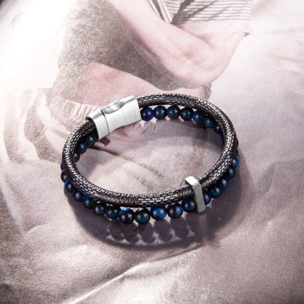 murtoo Mens Leather Bracelet, Natural Bead, Steel and Leather Bracelet for Men Women Father's Day Valentine's Day Christmas Gift