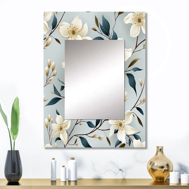 Designart "Whispering Subtlety II" Floral Wall Mirror, Printed Beige Wall Mirror, Traditional Bathroom Wall Mirror, Decorative Floral Mirror - 24x32 Inch