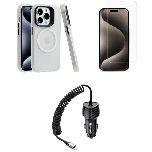 Bemz Phone Case for iPhone 15 Plus with Shockproof Protective Wireless Charging Ring Cover, Tempered Glass Screen Protector, USB C 60W LED Rotatable Cable - 6.6Ft (Clear White)