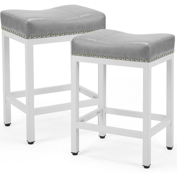 DUMOS Bar Stools Set of 2, 24 inch Counter Height Saddle Stools, Upholstered Modern Kitchen Barstools with Metal Base, PU Leather for Kitchen Island, Grey