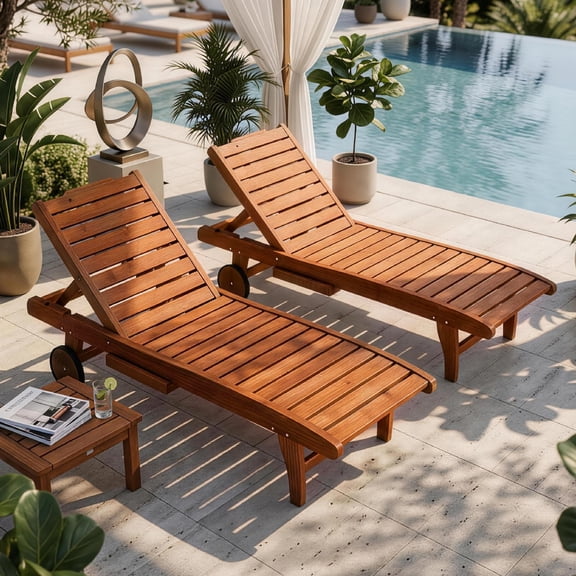 Ktaxon 2PC Outdoor Wooden Garden Bed Fir Chaise Lounge with Wheels Storage Drawer Two-Speed Adjustable Back Patio Furniture Burlywood