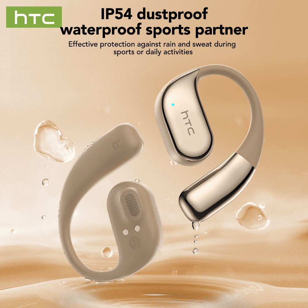 HTC NE39 Wireless Bluetooth 6.0 Open-Ear Earbuds, AI Translator, Noise-Cancelling Headphones, 130+ Languages, 40H Playtime, IPX5 Waterproof, Beige + Gold+Earbud Case
