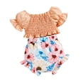 thumbnail image 4 of Odeerbi Baby Boy Girl Clothes Toddler Outfit Fashion Cute Flowers Print Bow Puff Sleeves Pleated Top Shorts Suit Orange, 4 of 9
