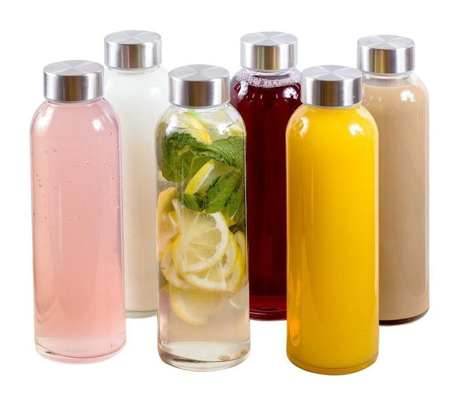 YEBODA Glass Water Bottles 18oz Bottles For Beverage and Juicer Use Stainless Steel Caps Including Colorful Nylon Protection Sleeve,Pack Of 6