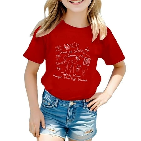 LUOGENLI T-Shirt pour Filles Mode Décontractée pour Enfants Imprimé de Collation des Grades Col Rond Manches Courtes T-Shirt (3 13 Ans) Chemises pour Filles 2025 Élégant Chic Rouge 12-13 Ans