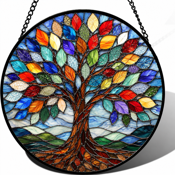Godmerch Tree of Life Stained Glass Suncatcher Window Hanging Decor, Colorful Acrylic Sun Catcher Ornament for Home, Garden, Living Room, Meaningful Gift for Family Friends