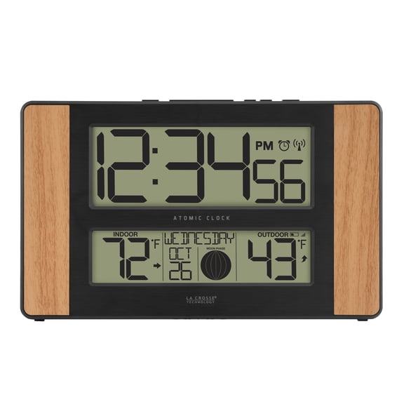 La Crosse Technology Atomic Digital Clock with Temperature and Moon Phase, Oak finish, 513-1417