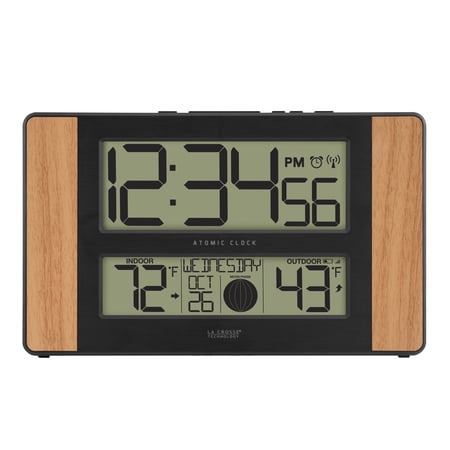 La Crosse Technology Atomic Digital Clock with Temperature and Moon Phase, Oak finish, 513-1417