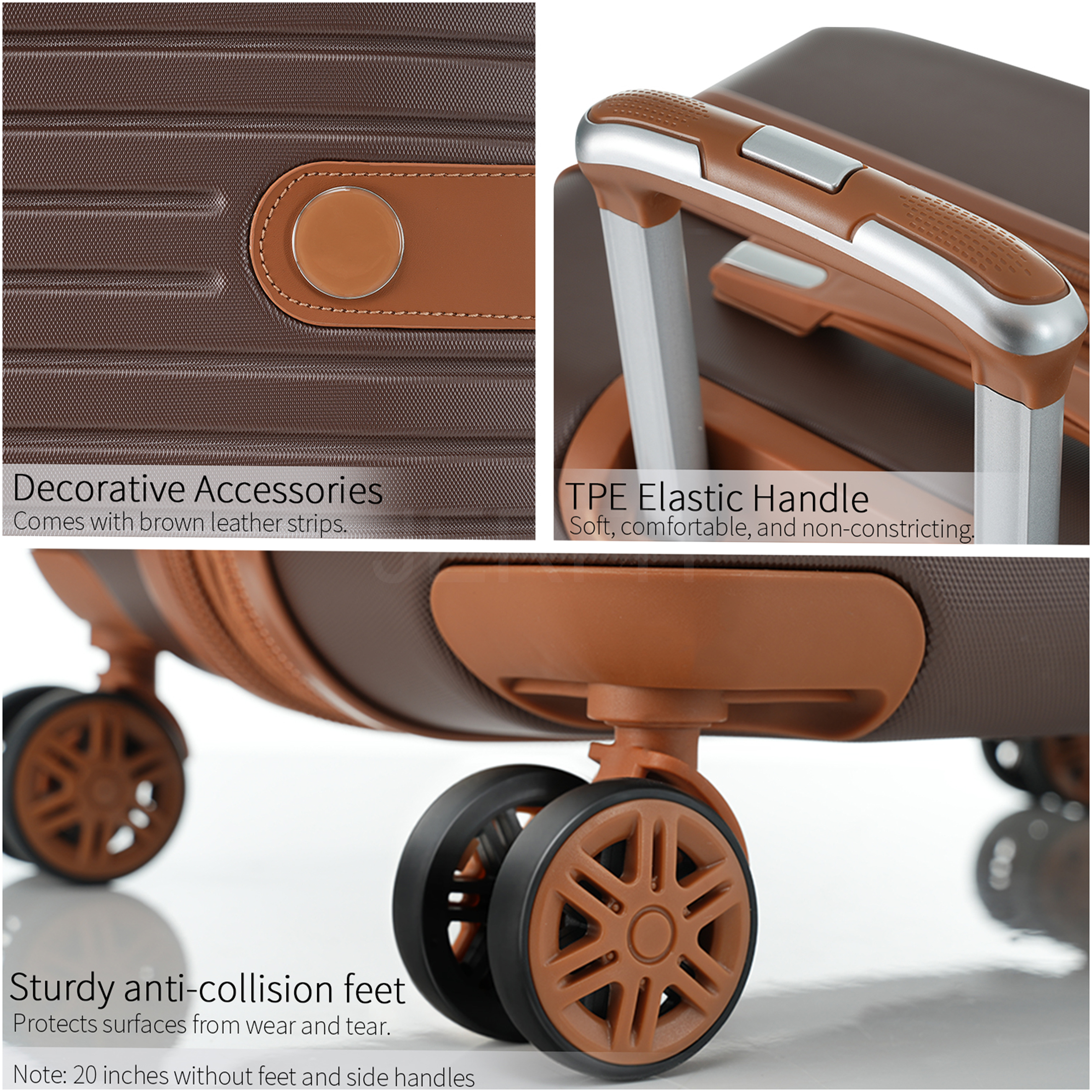 JERFIT 3-Piece Hardshell ABS Suitcase Set with TSA Lock, 360° Spinner Wheels, Lightweight Check-In & Carry-On Luggage for Men and Women, Brown