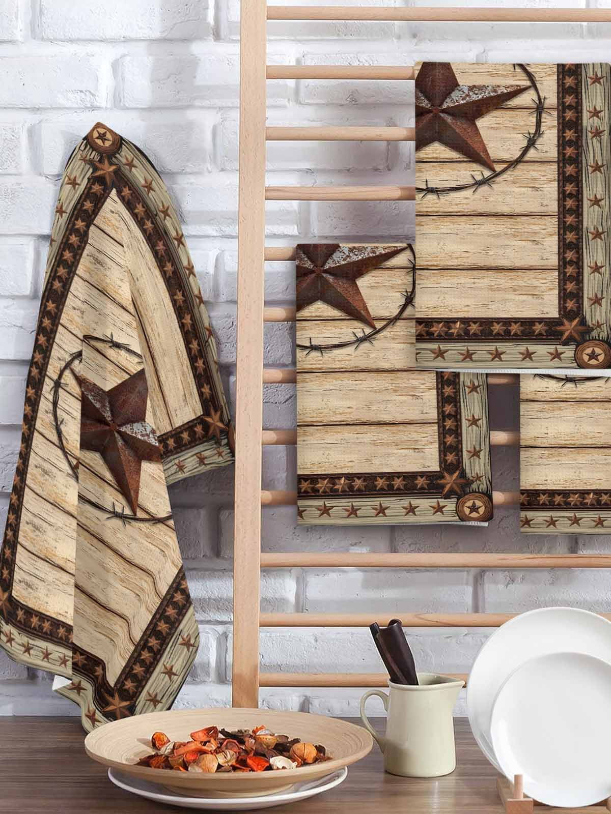 Texas Star Brown Kitchen Dish Towels for Drying Dishes Set of 4, Country Star Rustic Vintage Wooden Waffle Weave Microfiber Hand Tea Bathroom Towels Quick Dry & Absorbent Towel 15.7x23.6