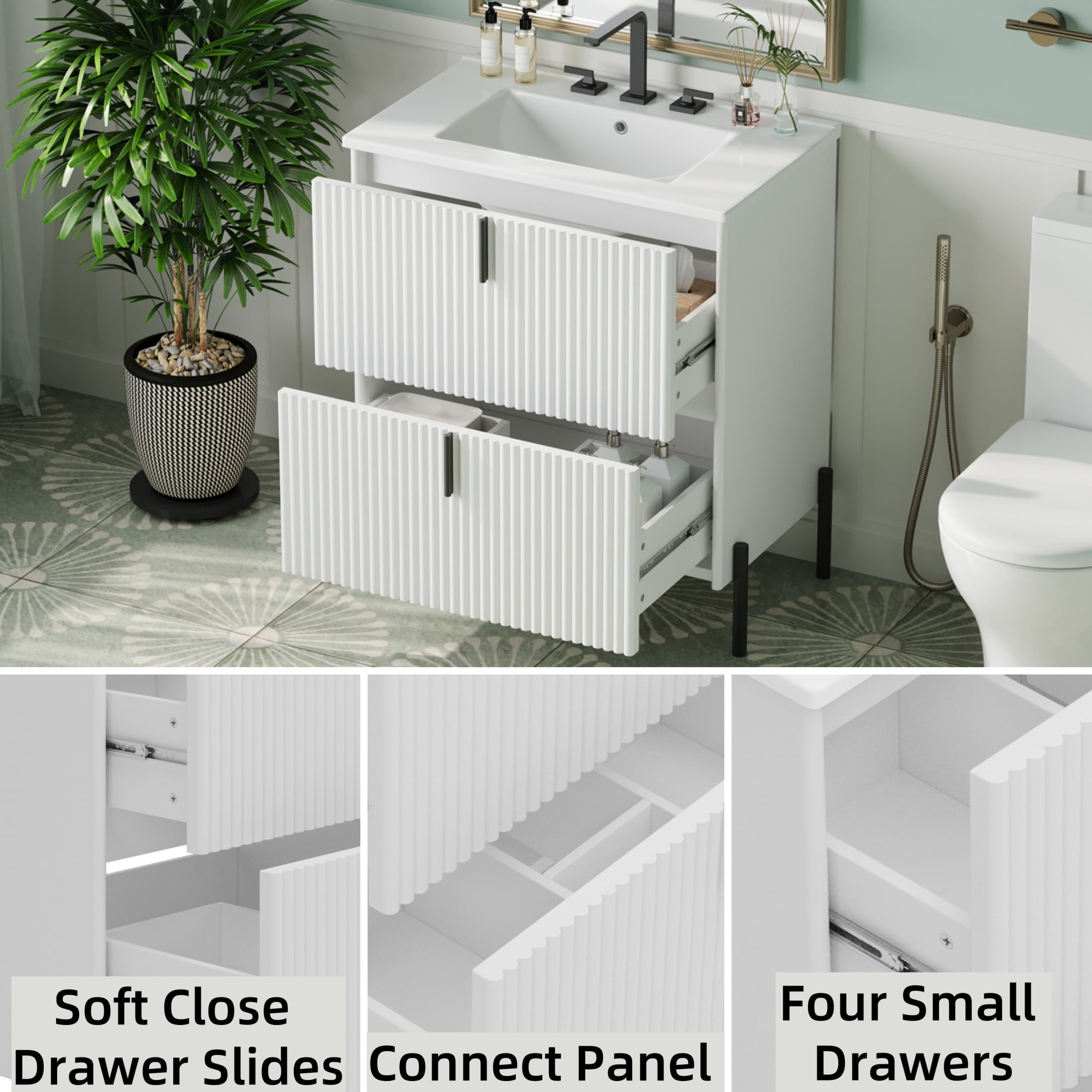 Christopher Knight Home 30" Bathroom Vanity with Sink, Soft-Close Drawers, Fluted Design, White