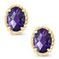 thumbnail image 3 of Gem Stone King 2.00 Ct Oval Checkerboard 8x6mm Purple Amethyst 14K Yellow Gold Stud Earrings for Women Men, 3 of 5