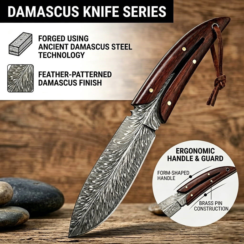 ATISEN Fixed Blade Hunting Knife with Leather Sheath, Damascus Pattern Steel, Outdoor Camping Survival Knife