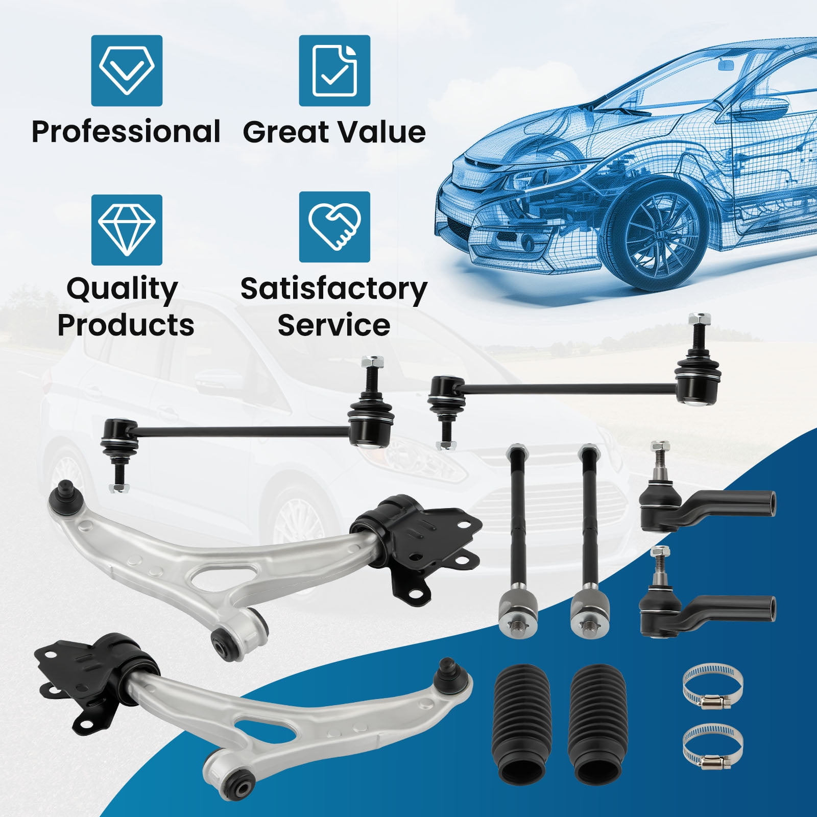 maXpeedingrods 10Pc Suspension Kit for Ford Focus 2012-2018, Ford C-Max 2013-2018, Front Lower Control Arm w/Ball Joint Sway Bar Links Outer Inner Tie Rods Boots