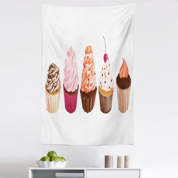 Cupcake Tapestry, Different Flavored Cakes Kitchen Pastry Cafe Theme Buttercream Tasty Dessert Print, Fabric Wall Hanging Decor for Bedroom Living Room Dorm, 5 Sizes, Multicolor, by Ambesonne