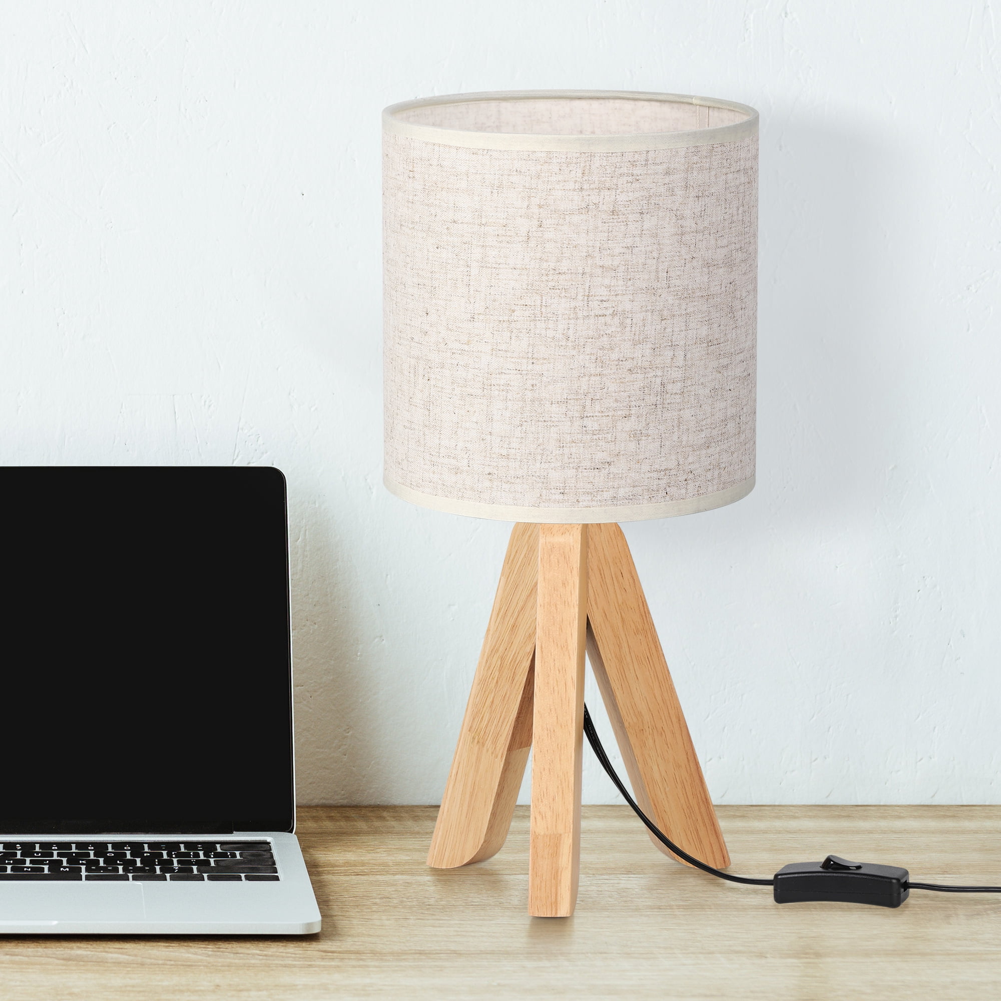 Haitral Small Bedside Table Lamp Wooden Tripod Nightstand Lamp with Fabric Linen Shade
