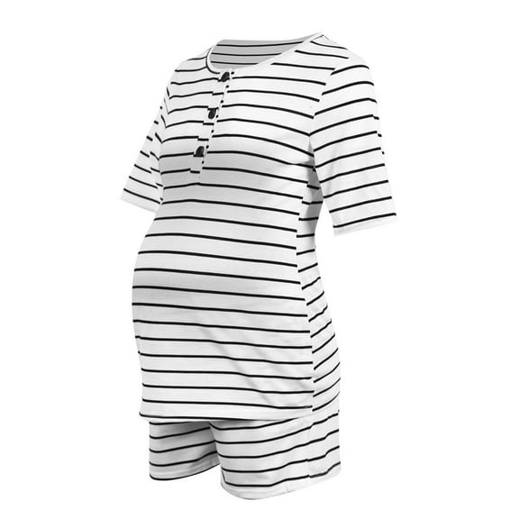asdoklhq Maternity Clothes for Women Clearance,Home Pregnant Clothes Quarter Sleeve Striped Tops Pocket Shorts Maternity Suit