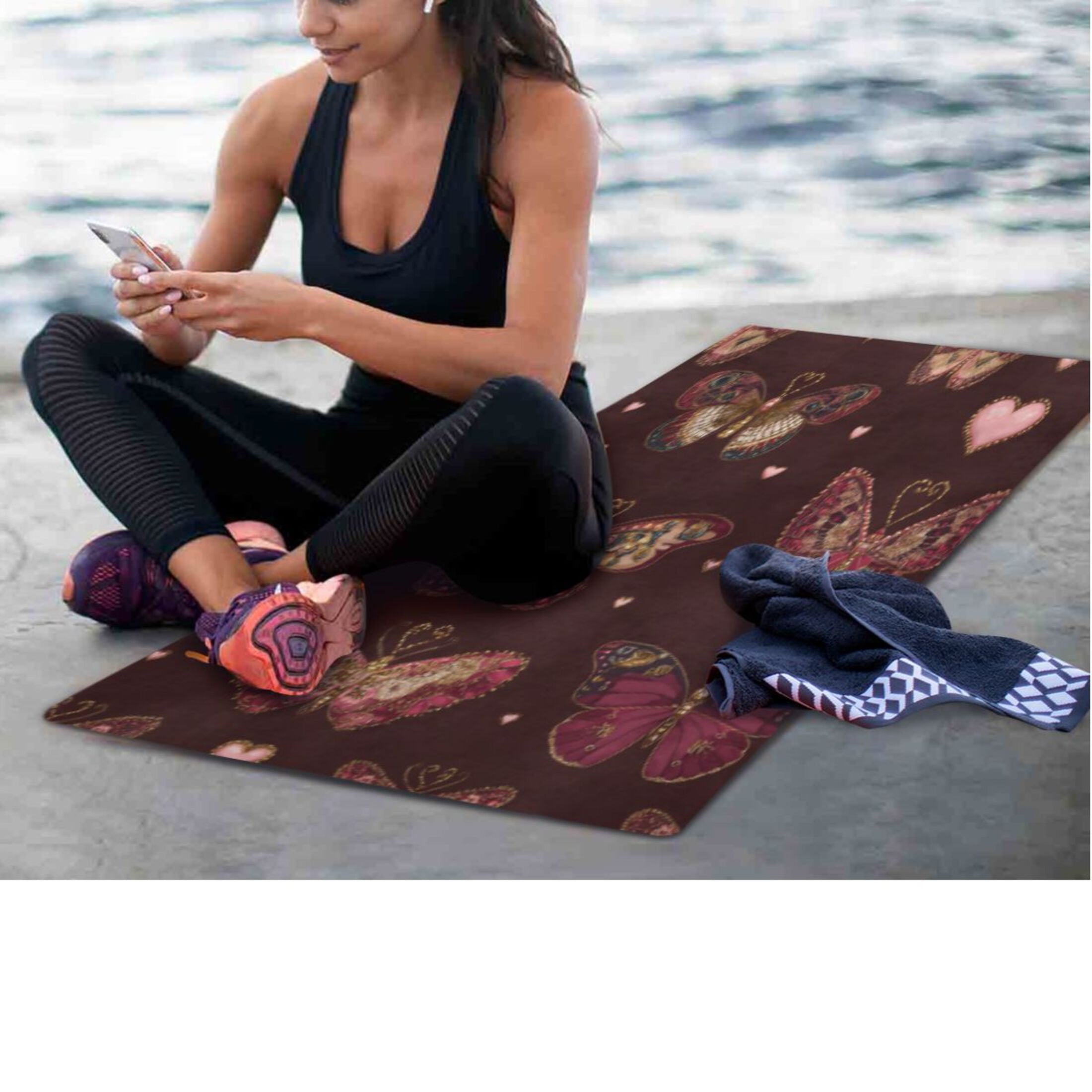 BZSMCE Yoga Mat Women Fitness Mat Gothic Butterfly Heart Tapestry Pattern