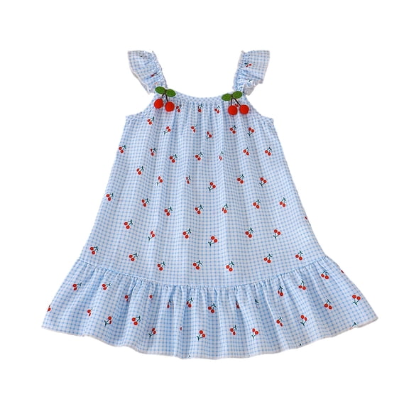 IFNWSV Girls Dress Sleeveless Ruffle Checkered Cherry Polka Dot Print A-Line Casual Polyester Spandex Sundress Blue 9-10 Years