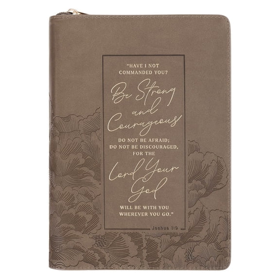 Christian Art Gifts Inspirational Zippered Journal, Be Strong and Courageous Wide Ruled Notebook, Josh. 1:9 Bible Verse, Brown Vegan Leather Floral, 336 Lined Pages w/scripture, (9” x 6.4” x .9”)