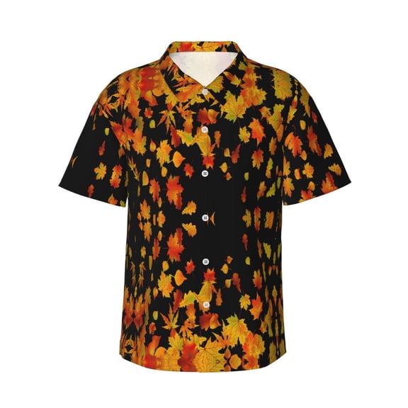 Yellow Autumn Leaves Men'S 3d Print Casual Button Down Shirts, Novelty Hawaiian Short Sleeves Xl