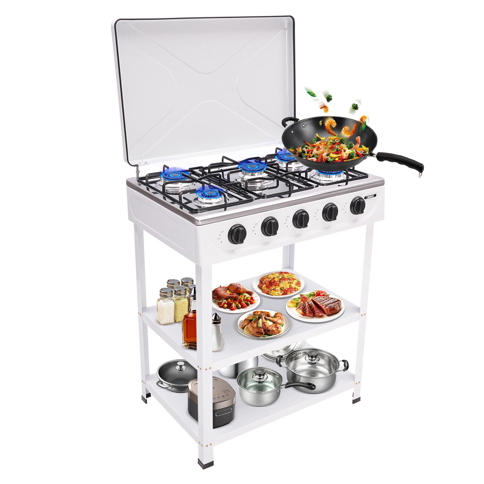 TFCFL Natural Gas Stove 5 Burners Portable Camping Stove 300000 BTU Outdoor Cooking Gas Stove with 2 Tier Rack