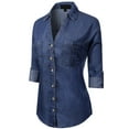 thumbnail image 3 of Made by Olivia Women's Long Sleeve Denim V-Neck Tencel Button Down Shirt, 3 of 4