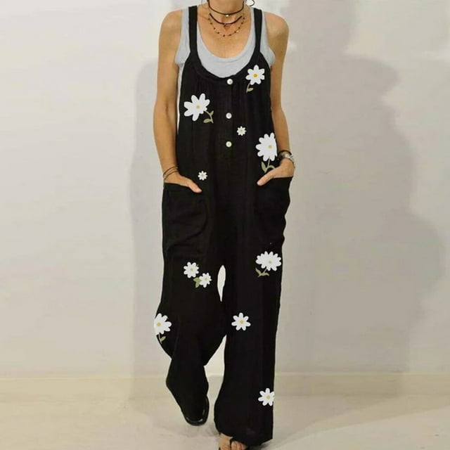 Fankiway Combinaison Décontractée Confortable à Col Rond Boutonné Imprimé Floral pour Femmes Grande Taille Liquidation