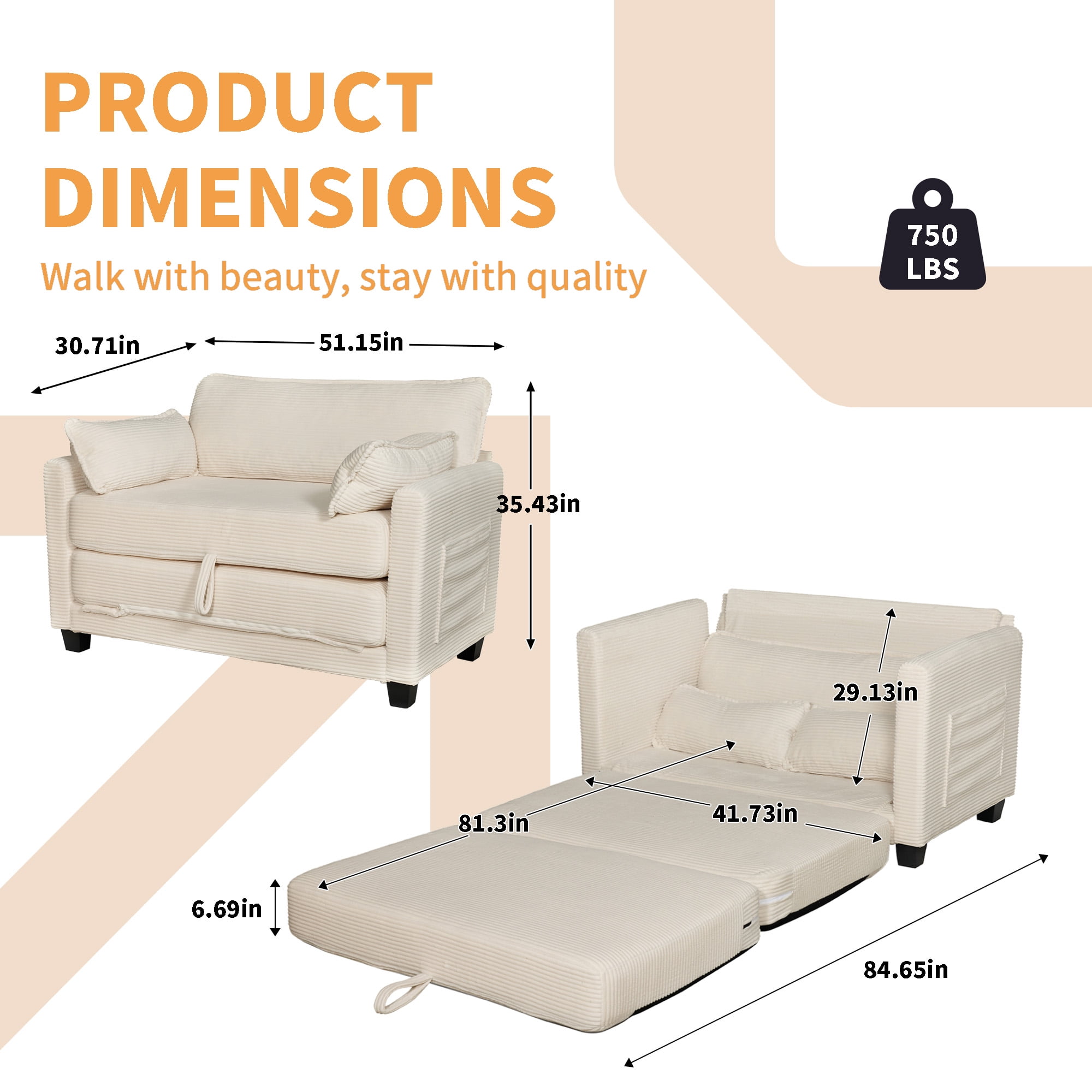 Convertible Sofa Bed, Loveseat Sleeper, 2-in-1 Sofa with Skin-Friendly Corduroy Fabric, Zero-Threshold Form Switch and Side Storage Pocket, for Small Space Living Room, Beige