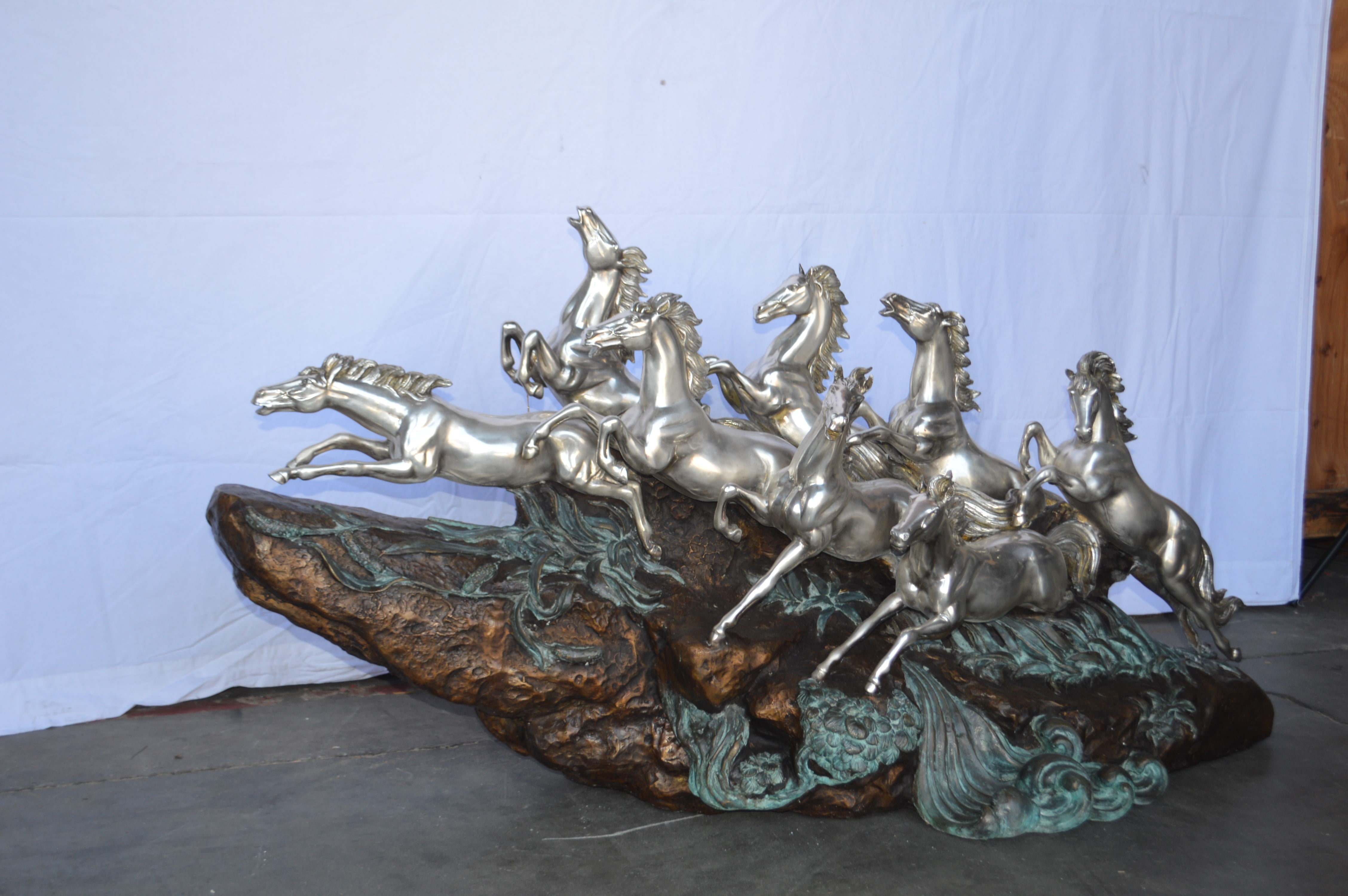 Nifao Eight Horses Running Bronze Statue Silver Finish – Garden Outdoor Decor Sculpture, 59"L x 20"W x 28"H