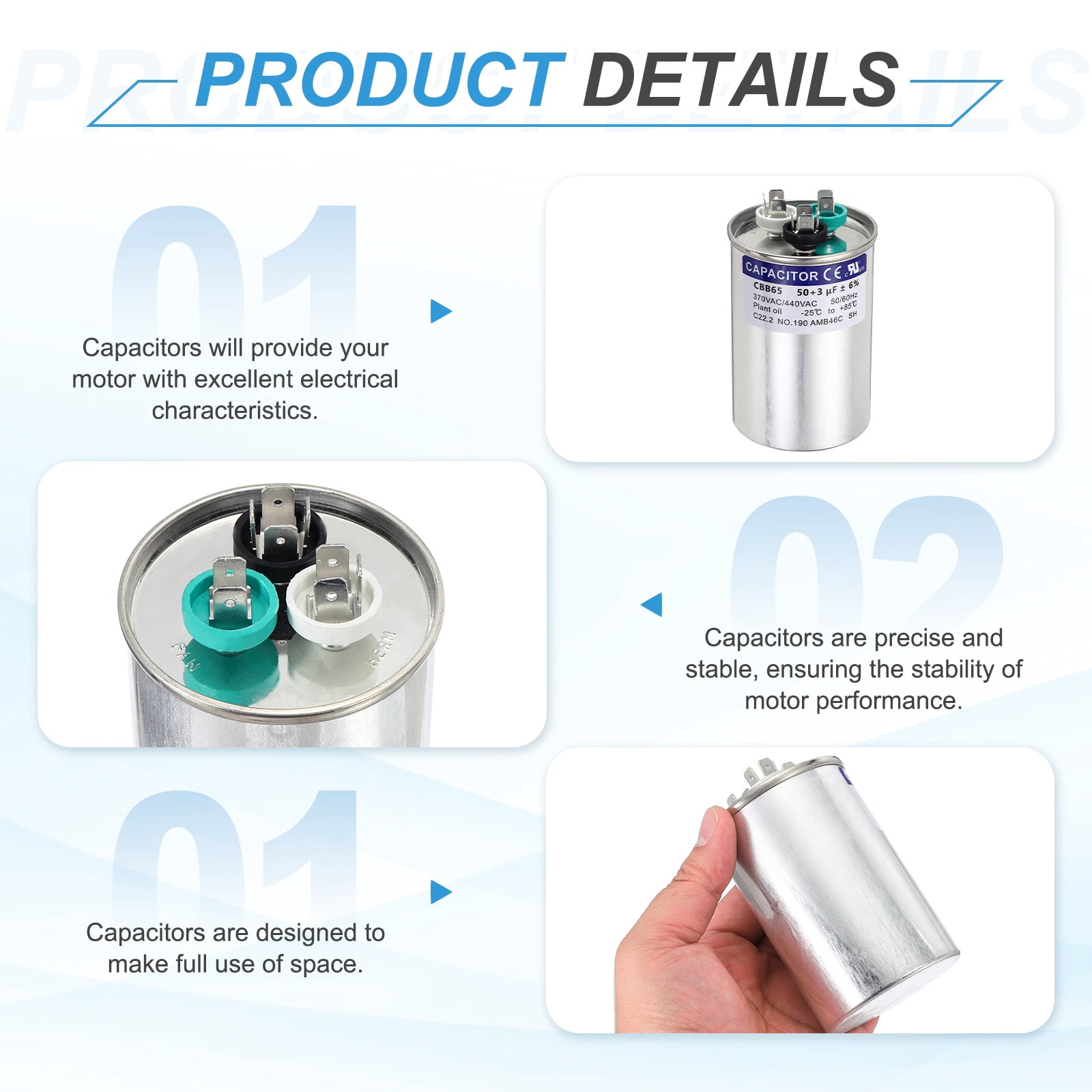 Uxcell 50+3MFD CBB65 Run Start Capacitor 50+3uF, 370/440V Round AC Capacitor for AC Motor Run, HVAC, Air Conditioner, Condenser Motors