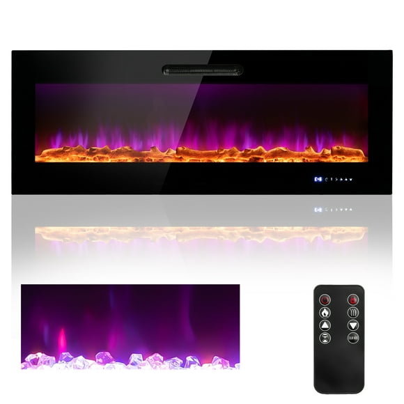 Costway 50" Electric Fireplace Recessed Wall Mounted Heater W/ Decorative Crystal & Log
