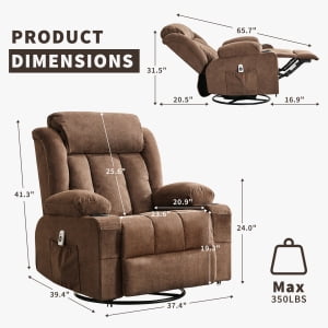 TEQIN Massage Swivel Recliner Chair,Oversized Rocker Recliner with Massage and Lumbar Heat Ergonomic Rocker Chair,Recliner Chairs w/Remote Control, Side Pocket, 2 Cup Holders, USB Charge Port