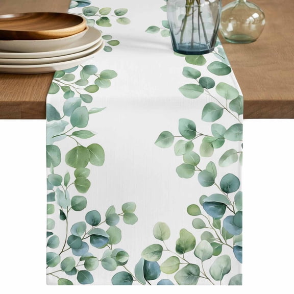 Sage Green Eucalyptus Table Runner 70 Inches, Spring Summer Pastoral Leaves Bed Runner Dresser Scarves Tabletop for Indoor Outdoor Parties/Ceremony/Banquet, 13" x 70"