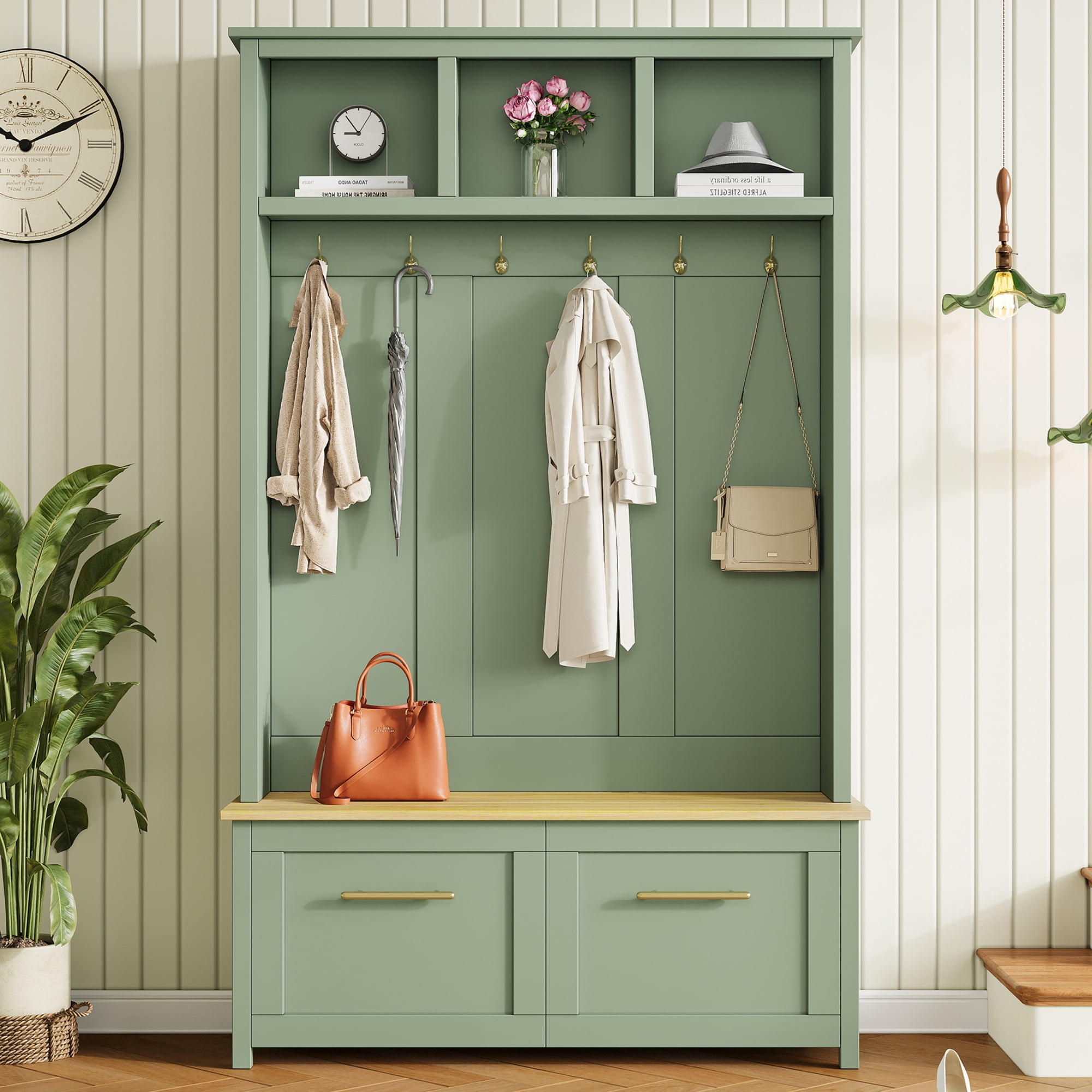 Mintazer 76.6"H Entryway Hall Tree with Bench & 2 Storage Drawers, 4-in-1 Entryway Organizer with Open Hutch Cubbies & 6 Golden Hooks for Mudroom Hallway, Green