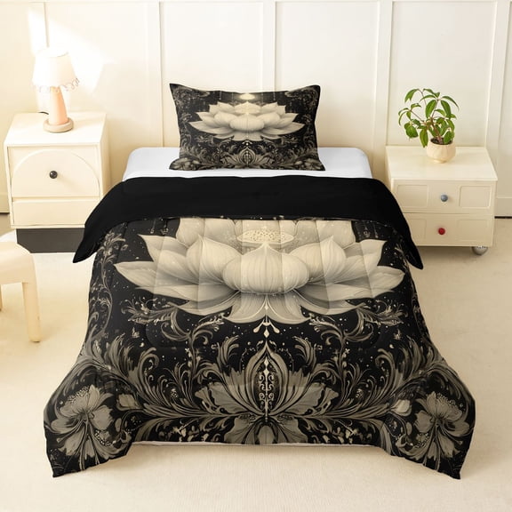 Homewish Boho White Lotus Flower Twin Comforter Sets,Baroque Floral Bedding Set,Black White,Black Reversible,2-Piece,1 Comforter and 1 Pillowcase