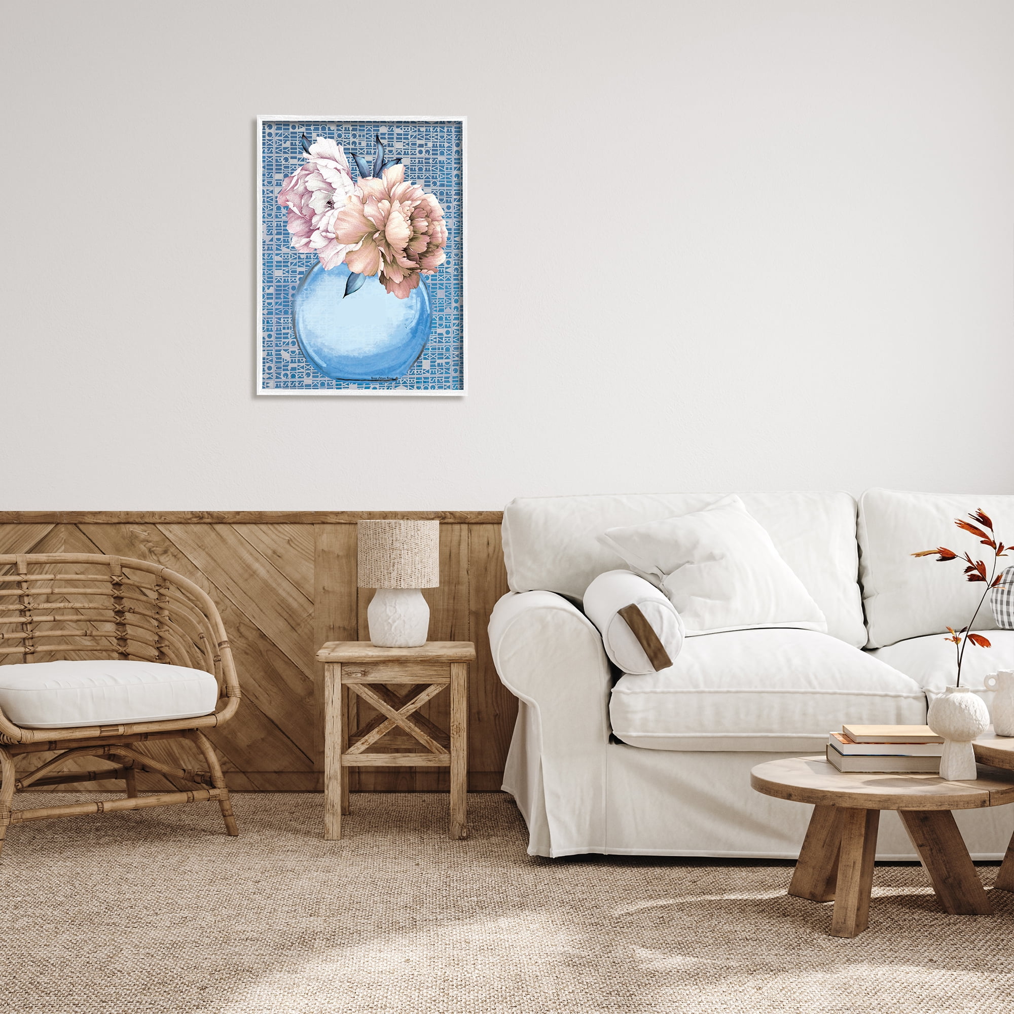 Stupell Industries Peonies on Typography Pattern Botanical & Floral Painting White Framed Art Print Wall Art, 24 x 30