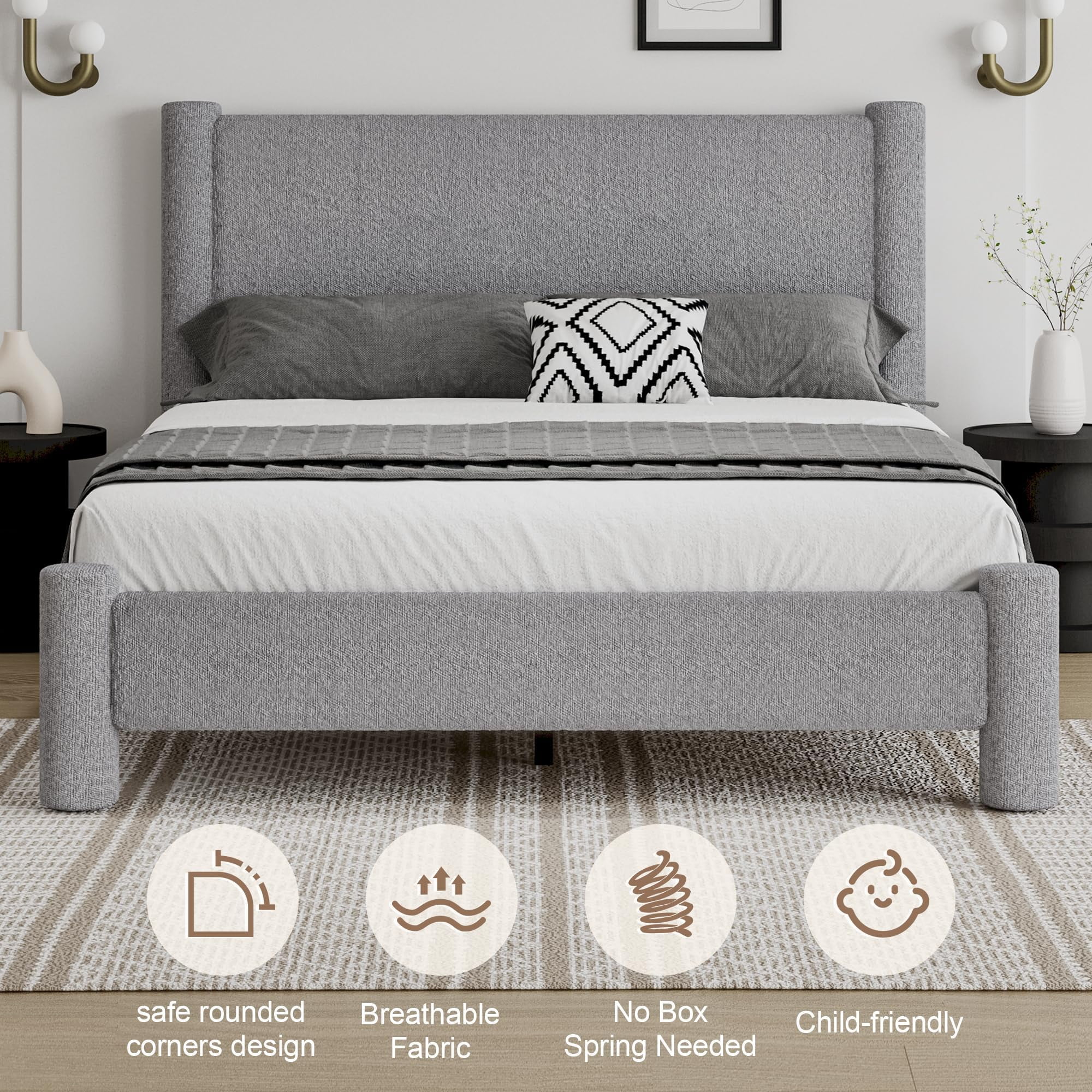 4 EVER WINNER Full Bed Frame, Full Size Bed Frame, Upholstered Full Bed with Rounded Legs, Boucle Bed Frame with Headborad, Grey