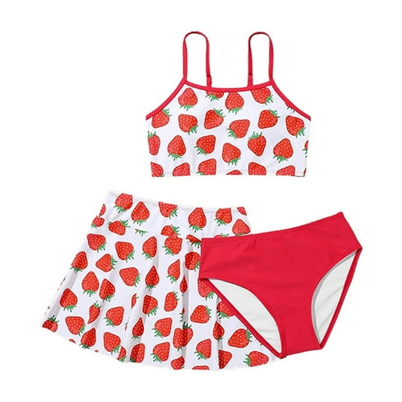 WOYY Big Girls Strawberry Print Bikini Swimsuit & Cover Up Skirt Bathing Suit,3-Piece