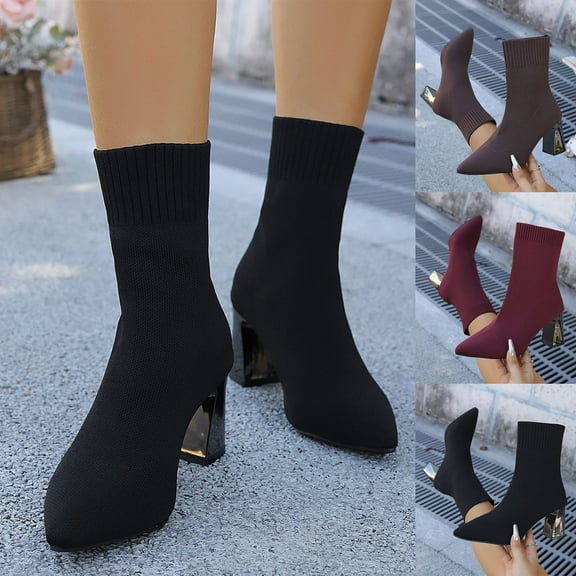 LOVZFMLL Boots for Women Mid Calf Chelsea Boots Pointy Toe Slip Resistant Mid Block Heel Knit Sock Booties Fall Winter