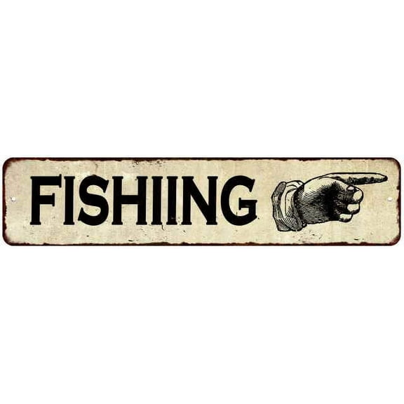 Fishing Right Hand Pointer Distressed Metal Sign Chic Décor 4x18 204180005019