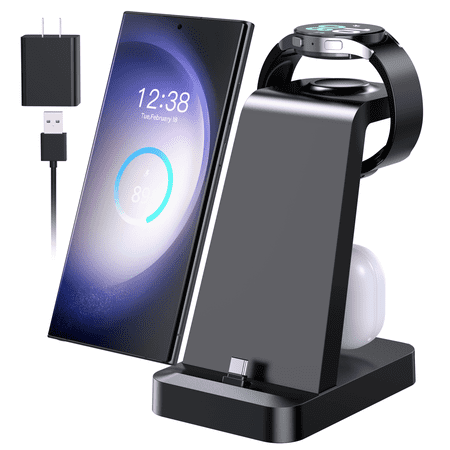 Wireless Charger for Sumsung: 3 in 1 Fast Charging Station for Samsung S23 Ultra/S23/S22/S21/Note20/10/Z Flip Z Fold - Wireless Watch Charger for Galaxy Watch 5 Pro 4 3, Galaxy Bud